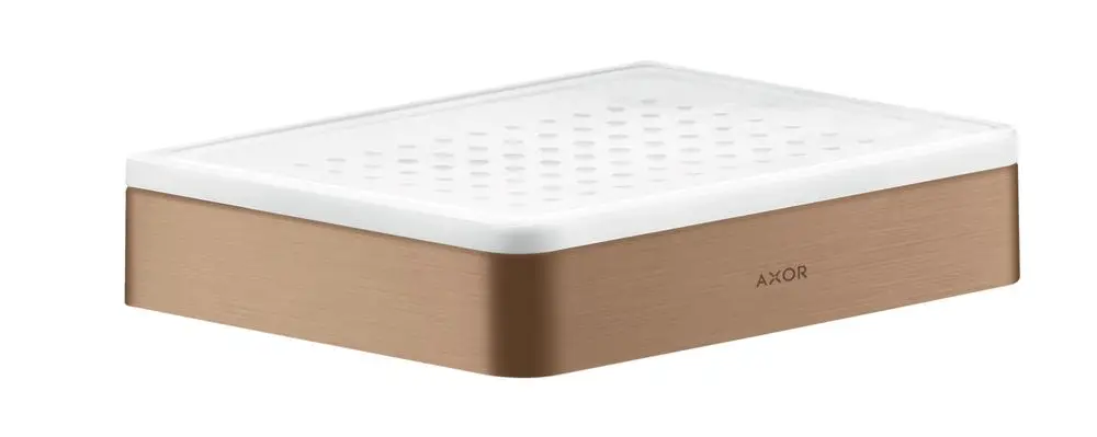 Seifenschale oder Ablage in Brushed Red Gold mit klarer, durchsichtiger Oberseite und runden Löchern, hergestellt von AXOR.